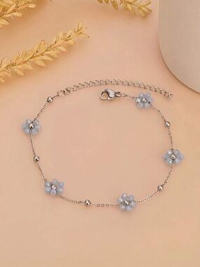 Baby Blue Floral Bracelet with Silver Chain - Women's Jewelry